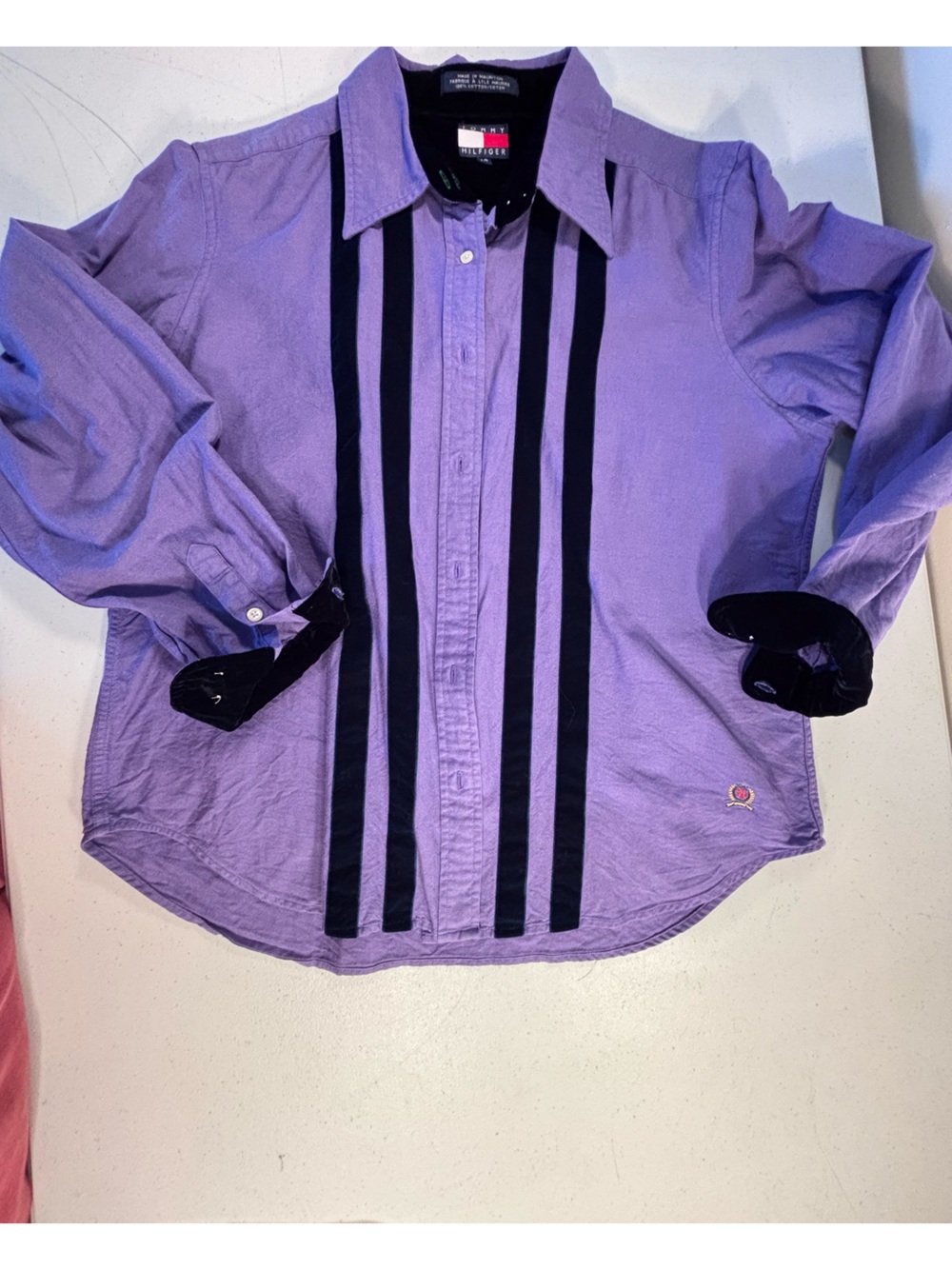 Tommy Hilfiger vintage shirt. Purple Men’s Button-Up Shirt with Black Stripes